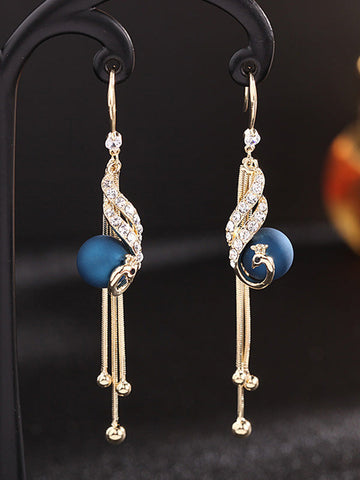 Vintage Pearl&Peacock Pattern Splicing Tassel Earrings