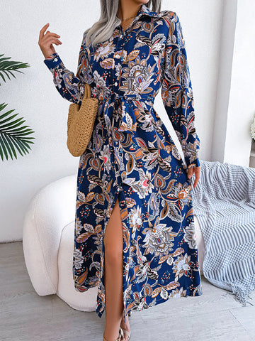 Buttoned Flower Print Tied Waist Long Sleeves Lapel Maxi Dresses