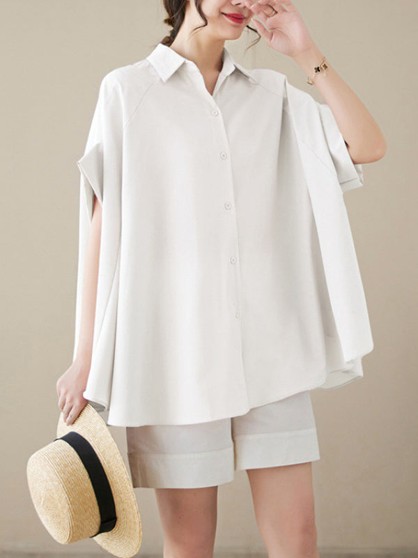 Solid Color Loose Short Sleeves Lapel Shirts Tops