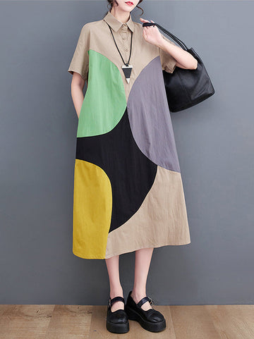 Color-Block Contrast Color Split-Joint Loose Oversize Lapel Shirt Dress Midi Dresses