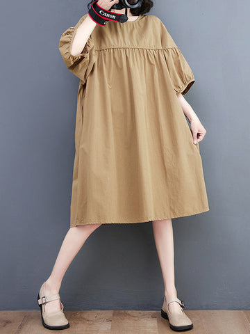 Solid Color Loose Short Sleeves Round-neck Midi Dresses