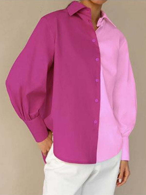 Buttoned Contrast Color Long Sleeves Loose Lapel Blouses&Shirts Tops