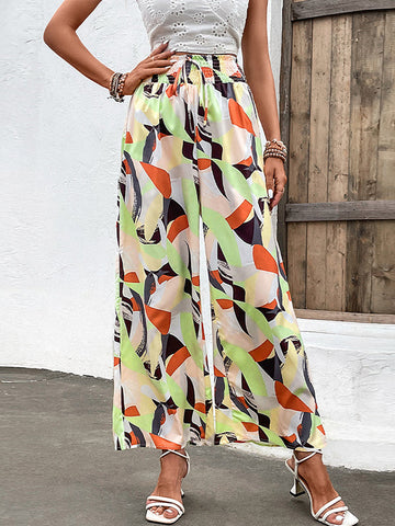 Elasticity Printed Split-Joint Tied High Waisted Wide Leg Trousers Pants