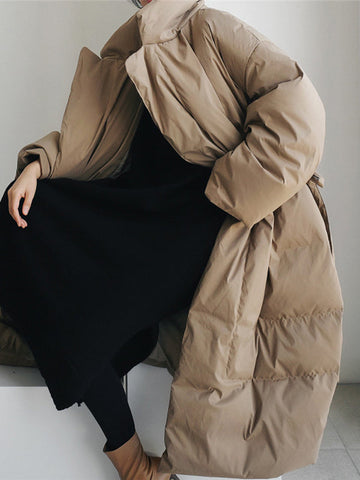 Original Creation Long Sleeves Loose Tied Solid Color High-Neck Padded Coat