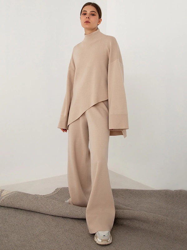 Casual Solid Color Irregularity High-Neck Sweater& Wide Leg Pants Suits