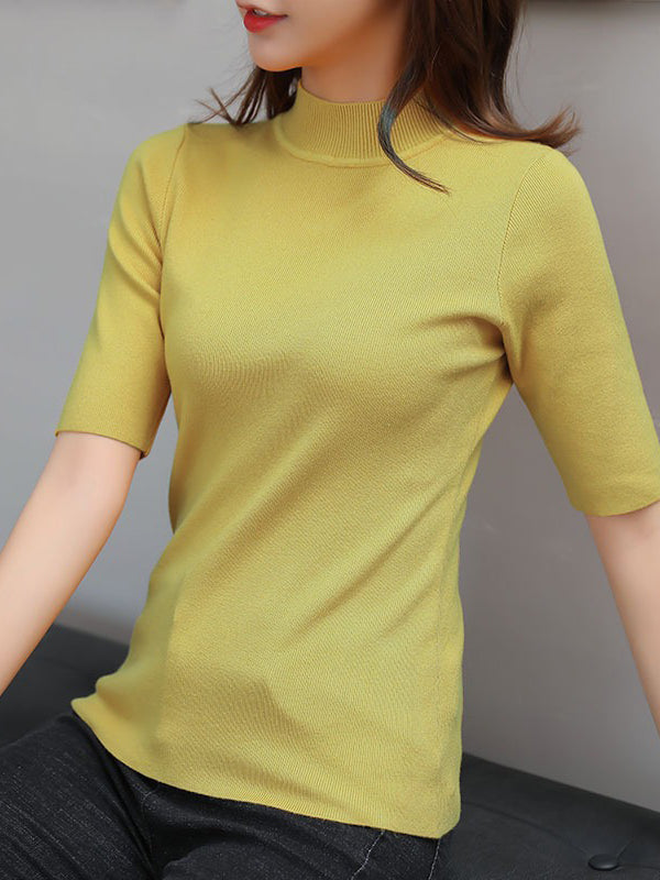 15 Colors Knitting Solid Color High-Neck Short Sleeves Pullover