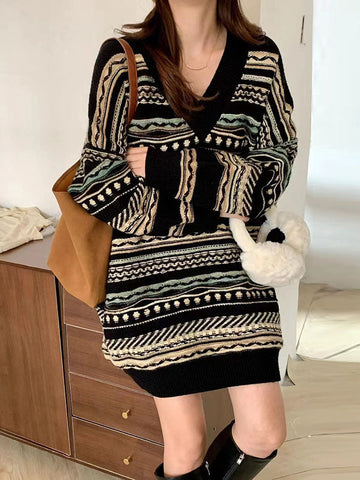 Striped Velvet Long Sleeves Loose V-Neck Sweater Dresses Pullovers