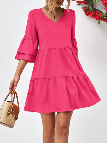 Flared Sleeves Half Sleeves Solid Color V-Neck Mini Dresses