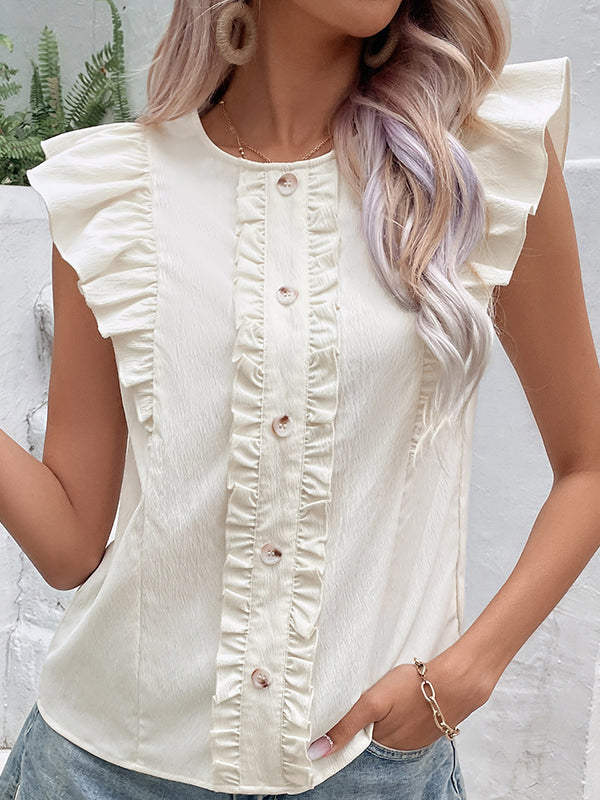 Floral Pleated Split-Joint Loose Sleeveless Round-Neck Vest Top