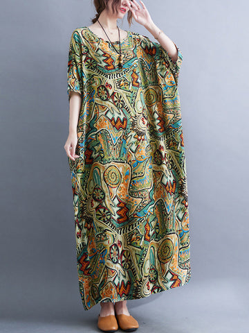 Original Artistic Retro Loose Printed Contrast Color Midi Dress