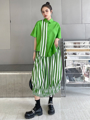 Original Striped Irregularity Blouse Tops+Skirt Suits