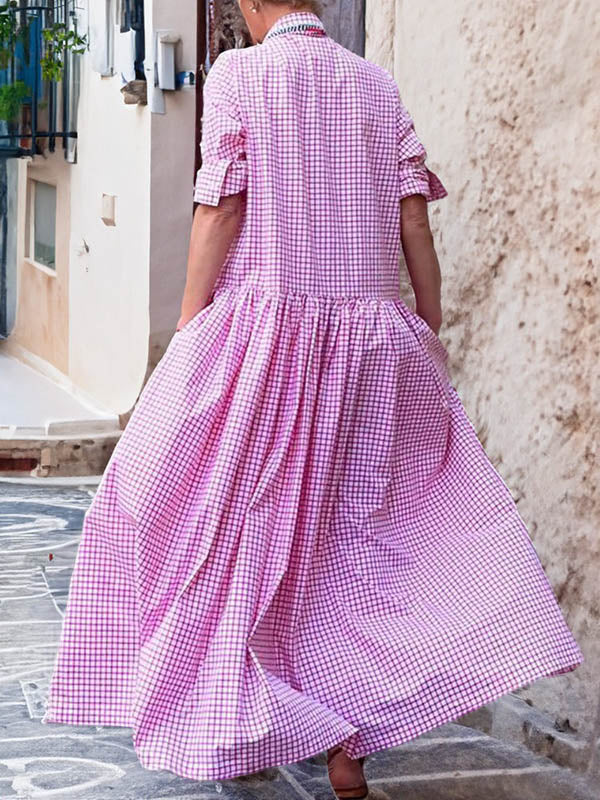 Buttoned Plaid Pleated Split-Joint Long Sleeves Loose Lapel Maxi Dresses