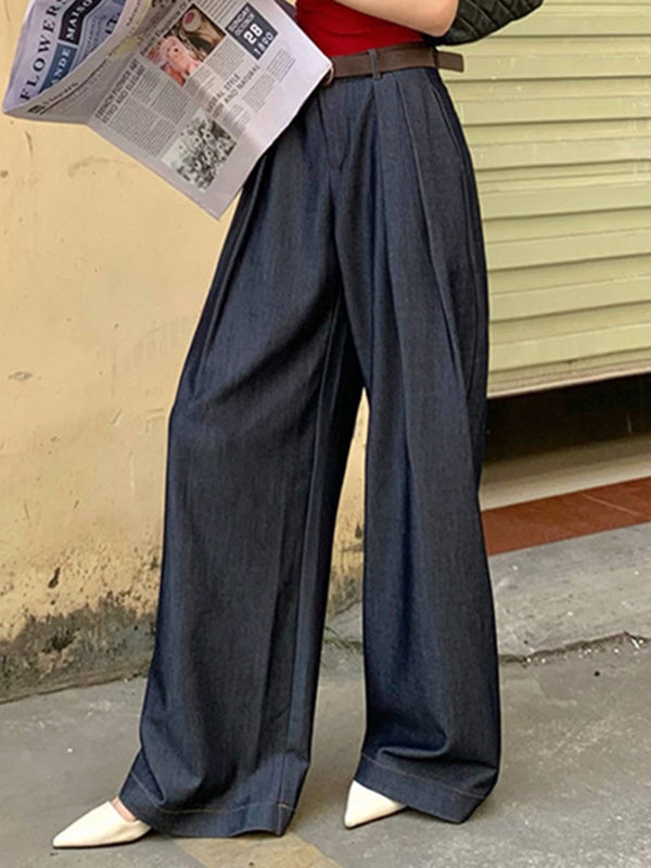 High-Waisted Pleated Solid Color Loose Wide Leg Trousers Pants