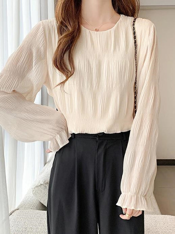 Pleated Solid Color Flared Sleeves Loose Round-Neck T-Shirts