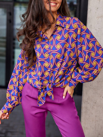 Printed Long Sleeves Loose Lapel Blouses&shirts Tops