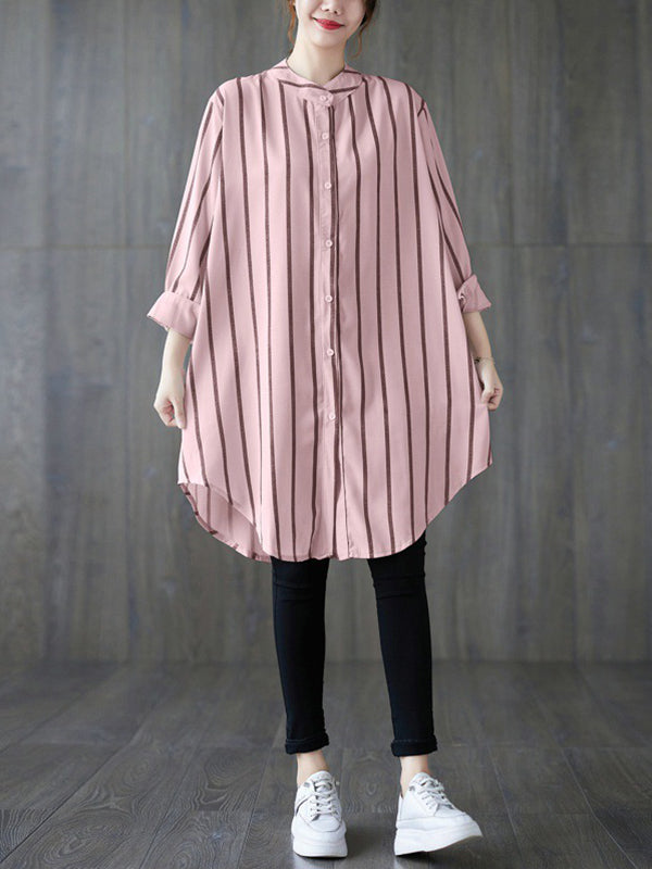 Buttoned Striped Long Sleeves Loose Blouses&Shirts Tops