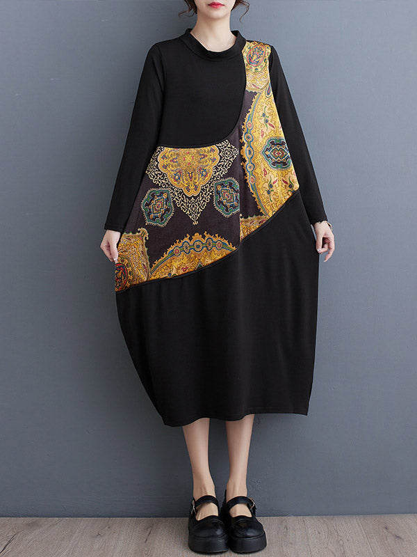 Asymmetric Patterned Split-Joint Long Sleeves Relaxed Fit Round-Neck Midi Dresses