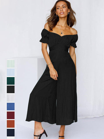 13 Colors Puff Sleeves Solid Color Cold Shoulder Wide Leg Jumpsuits