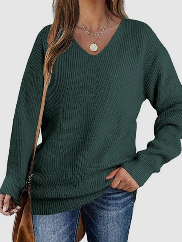 Solid Color Long Sleeves Loose V-Neck Sweater Tops Pullovers