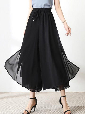 Urban Drawstring High-Waisted Wide Leg Chiffon Pants