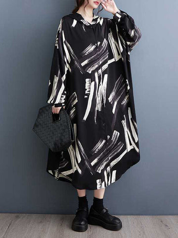 Buttoned Hooded Printed Long Sleeves Loose Outerwear Midi Dresses