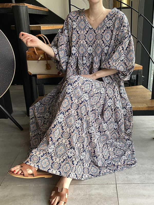 Vintage Floral Printed V-Neck Pleated Puff Sleeves Midi Dress