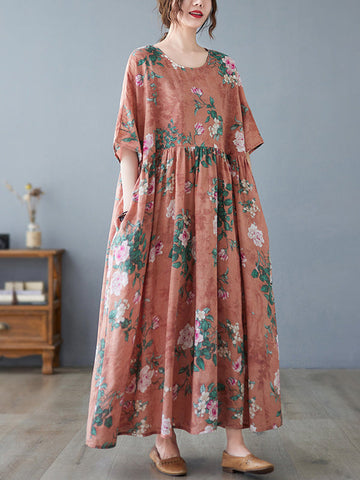 Artistic Retro Loose Original Floral Printed Pleated Midi Dress