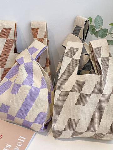 Contrast Color Letter Print Woven Handbag Bags