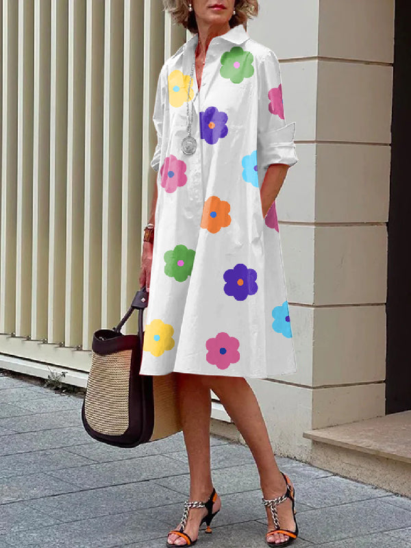 Long Sleeves Floral Printed Lapel Midi Dresses