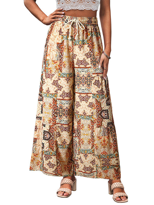 Drawstring Flower Print Pleated High Waisted Loose Trousers Pants