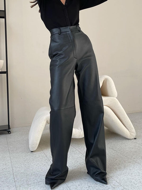 High-Waisted Solid Color Split-Joint Skinny Leg Straight Leg PU Trousers Pants