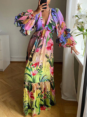 Flower Print Pleated Ruffled Split-Joint Bishop Sleeve High Waisted Deep V-Neck Maxi Dresses