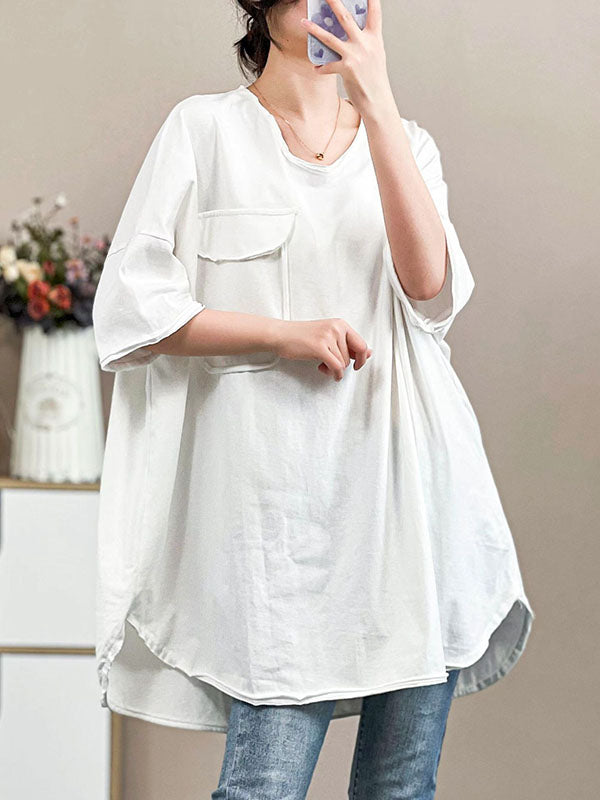 Pockets Solid Color Half Sleeves Irregular Clipping V-Neck T-Shirts Tops