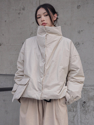 Urban Long Sleeves Buttoned Asymmetric Solid Color Stand Collar Padded Coat