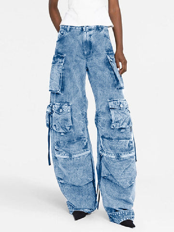 Pleated Pockets Split-Joint Streamer Loose Jean Pants Bottoms