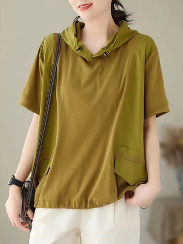 Solid Color Loose Short Sleeves Hooded T-Shirts Tops