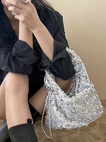 Drawstring Pleated Sequined Handbags Shoulder Bags