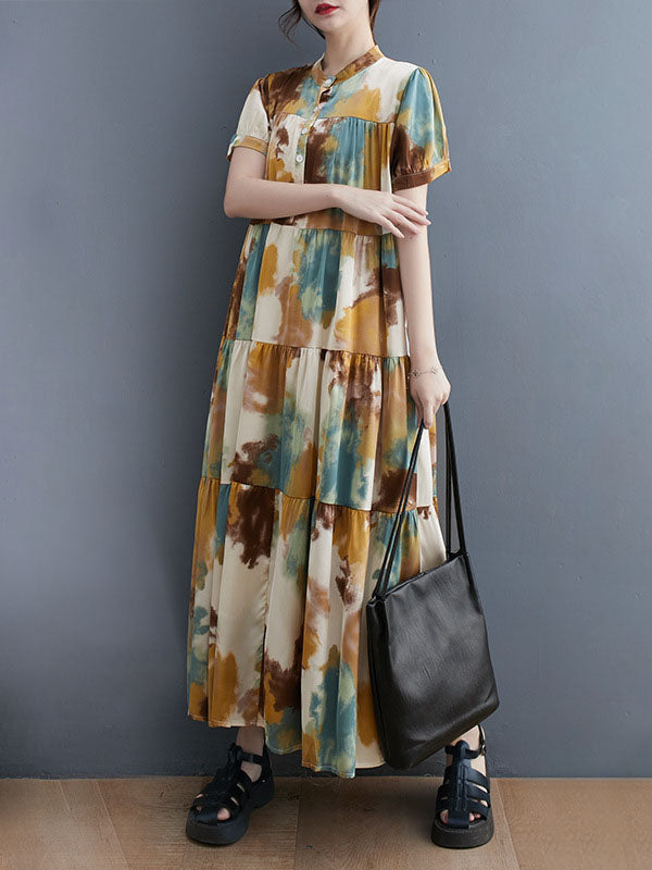 Printed Split-Joint Loose Short Sleeves Stand Collar Midi Dresses