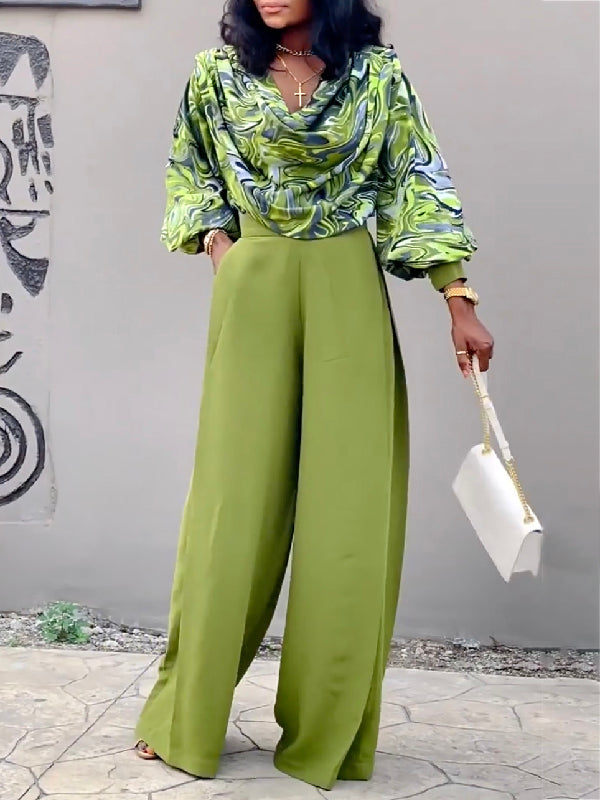 Printed Heaps Collar Long Sleeves Shirts Top + High Waisted Pants Bottom Two Pieces Set