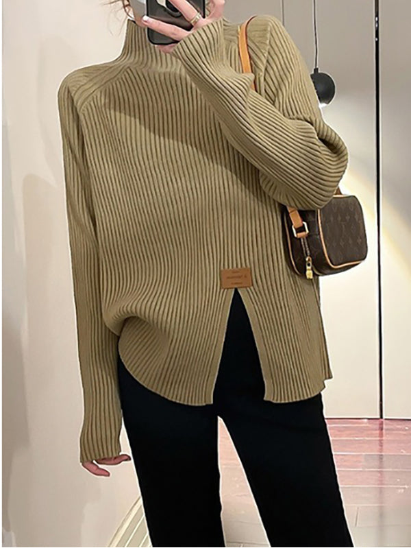 Split-Front Long Sleeves Loose Mock Neck Sweater Tops Pullovers