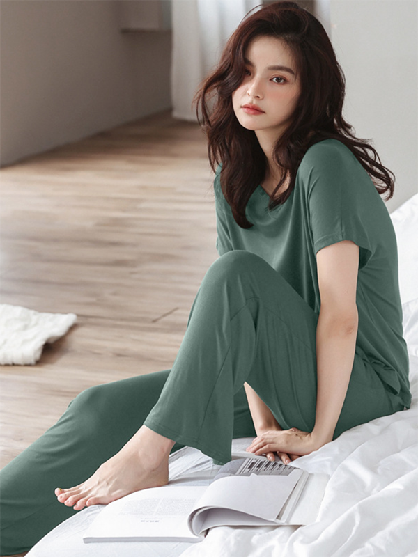 Casual Short Sleeves Solid Color V-Neck T Shirt Top&Drawstring Pants Pajamas Set