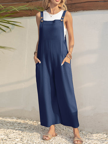 Solid Color Loose Wide Leg Square-Neck Overalls