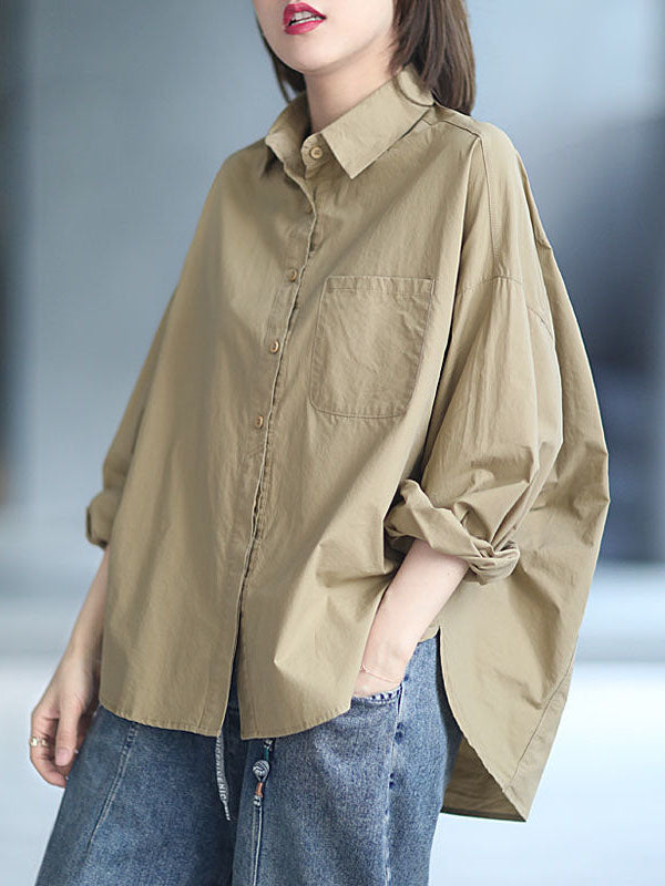 Solid Color High-low Long Sleeves Lapel Blouses&shirts Tops