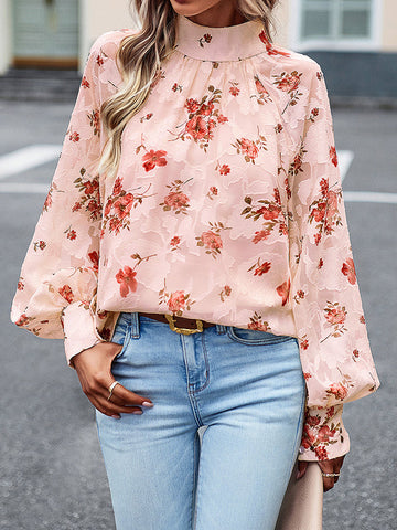 Flower Print Tied Long Sleeves Loose Mock Neck Blouses&Shirts Tops