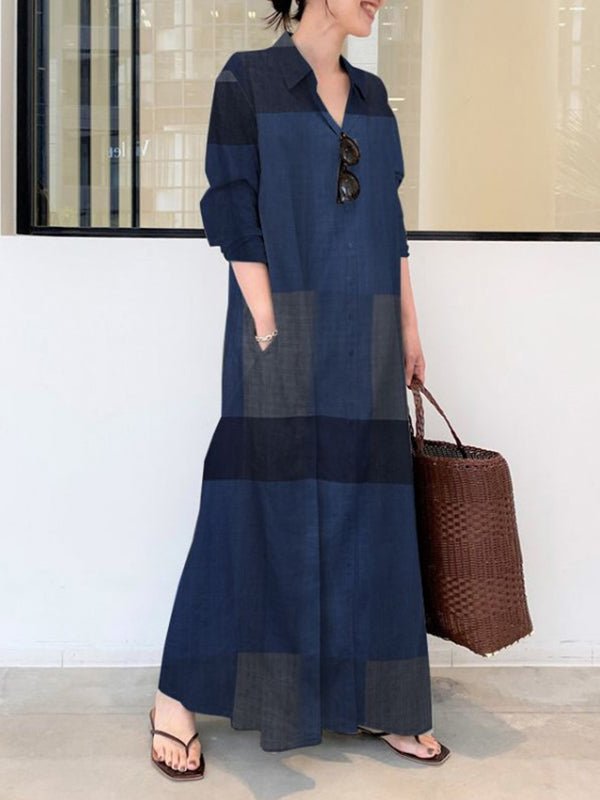 Plaid Pockets Long Sleeves Loose Lapel Shirt Dress Maxi Dresses