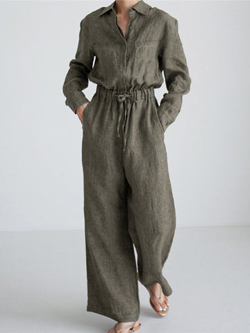 Urban Linen Drawstring Elastic Waisted Wide Leg Long Sleeves Jumpsuits