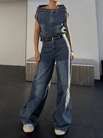 Asymmetric Split-joint Fringed Boat Neck Vest Top+ High Waisted Belted Jeans Bottom Two Pieces Set