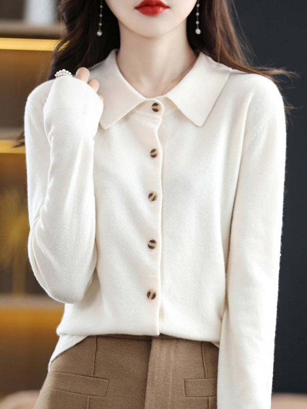 Casual Loose Long Sleeves Buttoned Solid Color Lapel Collar Cardigan Tops