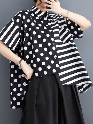 Polka-Dot Split-Joint Striped Loose Short Sleeves Lapel Shirts Tops