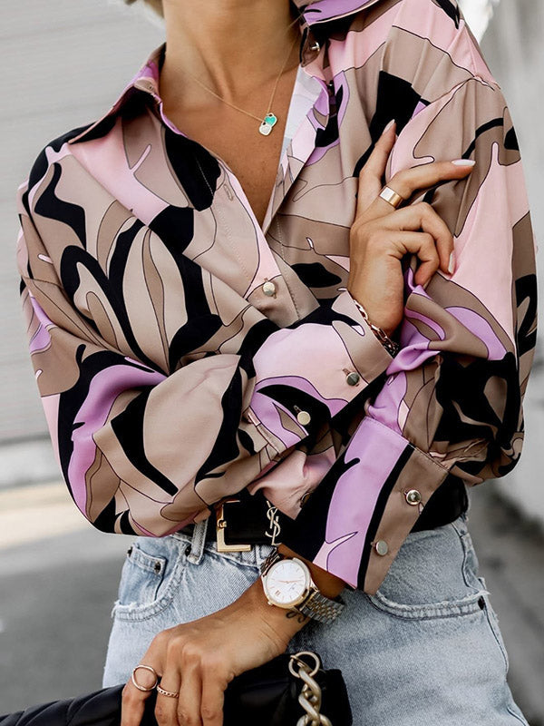 Buttoned Printed Long Sleeves Loose Lapel Blouses&Shirts Tops